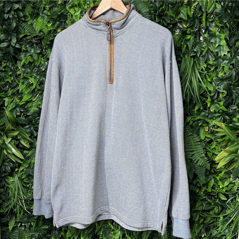 ORVIS Men‎ Tweed Pull Over Medium Blue Sweater 1/4 Zip Leather Trim 2331 - Picture 8 of 11